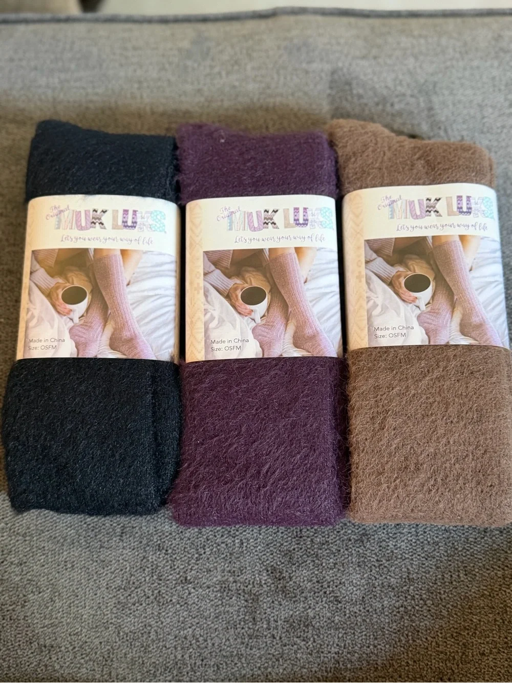 Muk Luks Fuzzy Knee-High Socks Trio — Black, Plum, Brown
